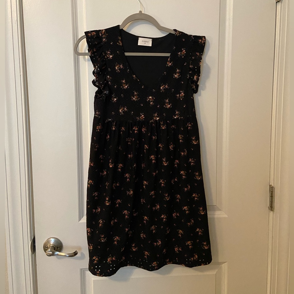 Francesca’s Black Floral Mini Dress, Short Flutter Sleeve